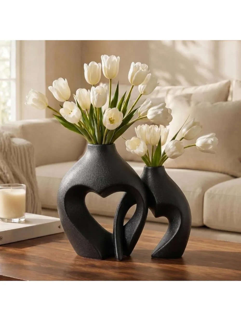 Set of 2 Black Heart Shaped Ceramic Vases - Minimalist Home Decor for Table